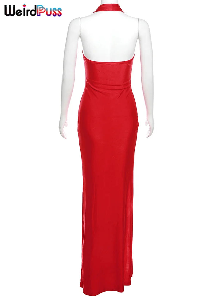 Elegant Women's Sleeveless Backless Halter Dress with Side Split Deep V-Neck for Festive Parties and Special Occasions