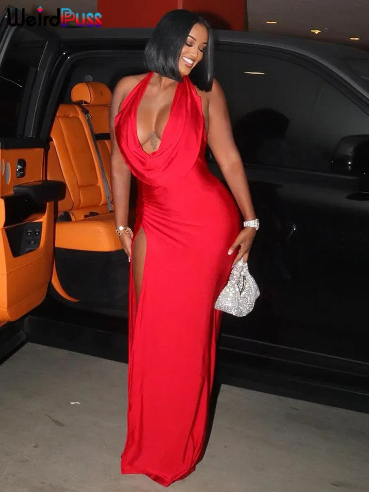 Elegant Women's Sleeveless Backless Halter Dress with Side Split Deep V-Neck for Festive Parties and Special Occasions