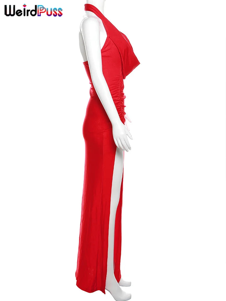 Elegant Women's Sleeveless Backless Halter Dress with Side Split Deep V-Neck for Festive Parties and Special Occasions