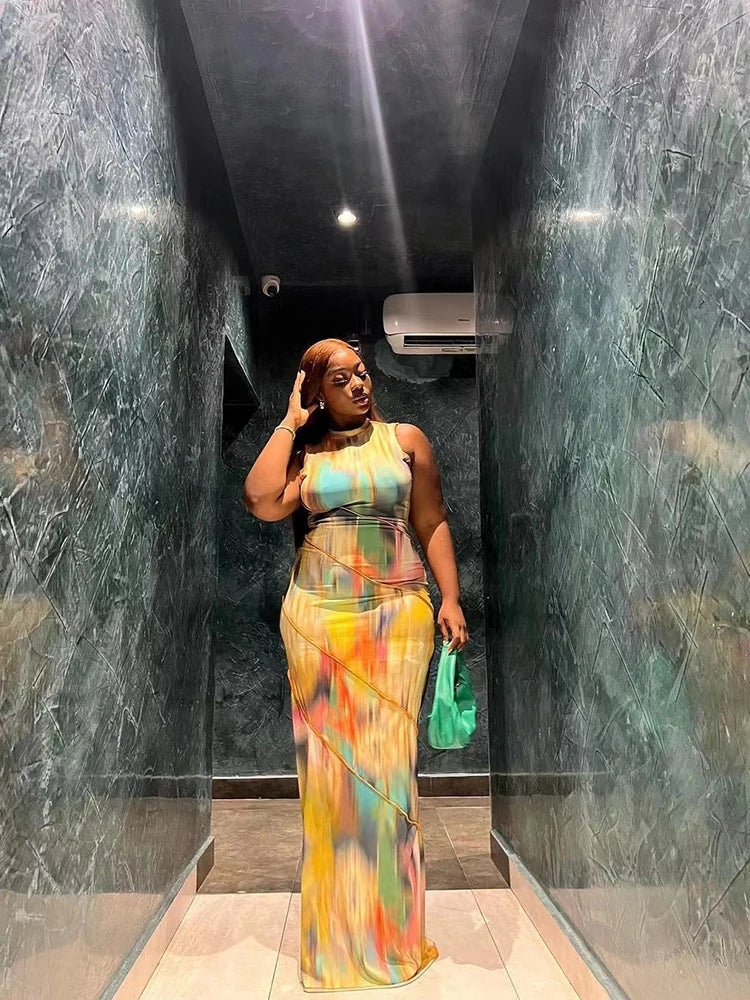 Colorful Puss Print Sleeveless Bodycon Dress for Women with Patchwork Design Perfect for Summer Parties and Clubwear