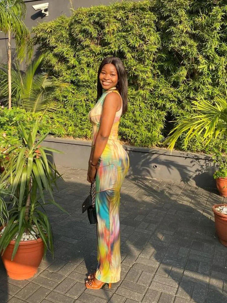 Colorful Puss Print Sleeveless Bodycon Dress for Women with Patchwork Design Perfect for Summer Parties and Clubwear