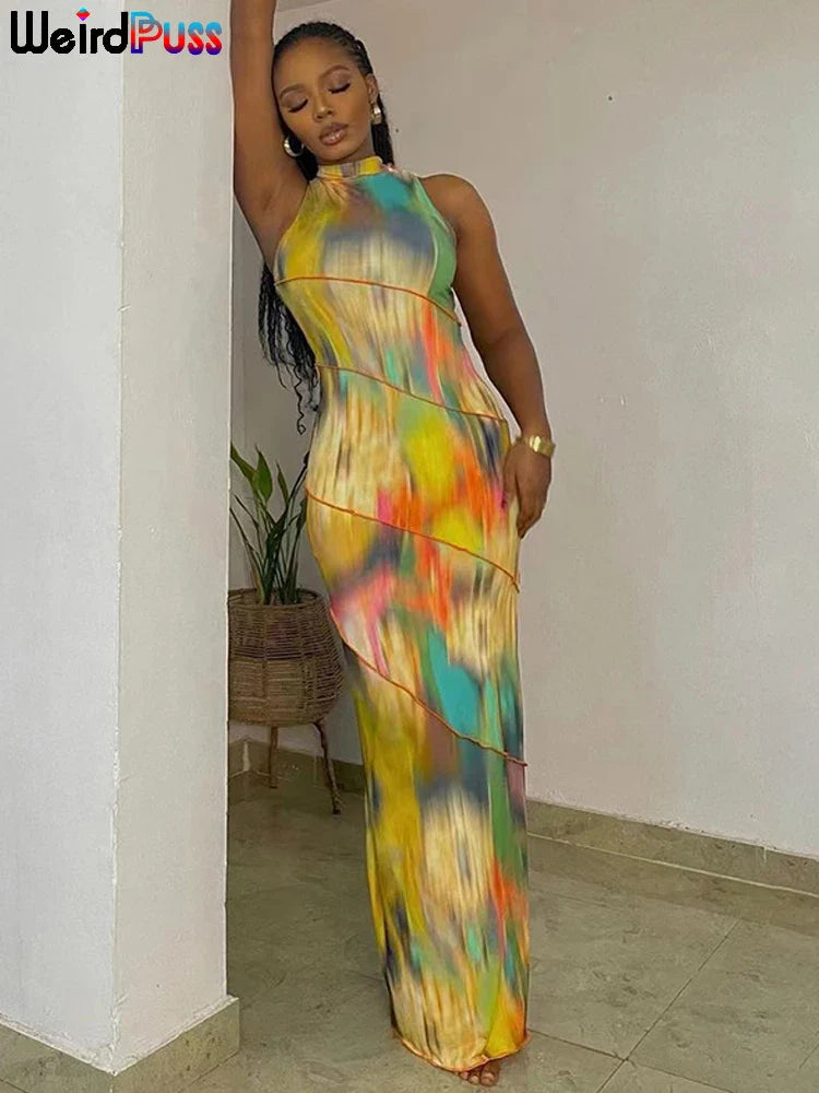 Colorful Puss Print Sleeveless Bodycon Dress for Women with Patchwork Design Perfect for Summer Parties and Clubwear