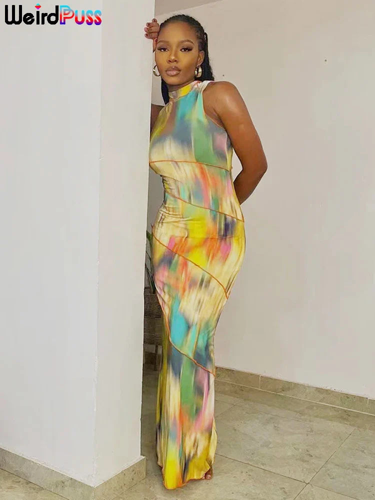 Colorful Puss Print Sleeveless Bodycon Dress for Women with Patchwork Design Perfect for Summer Parties and Clubwear