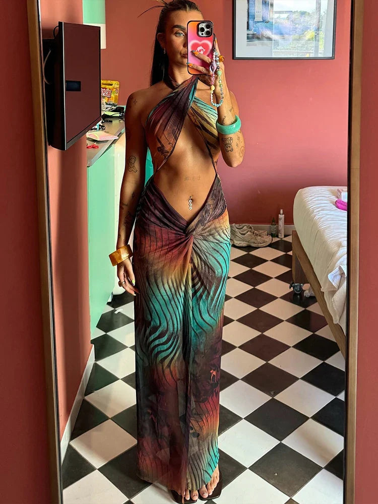 Weird Puss Gradient Colorful Dress for Women Hollow Cross Halter Backless Robe Sexy Midnight Vacation Hipster Party Bodycon