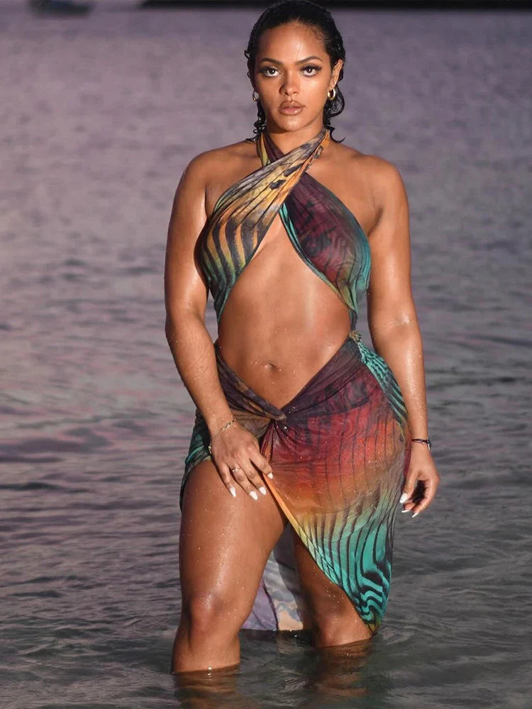 Weird Puss Gradient Colorful Dress for Women Hollow Cross Halter Backless Robe Sexy Midnight Vacation Hipster Party Bodycon