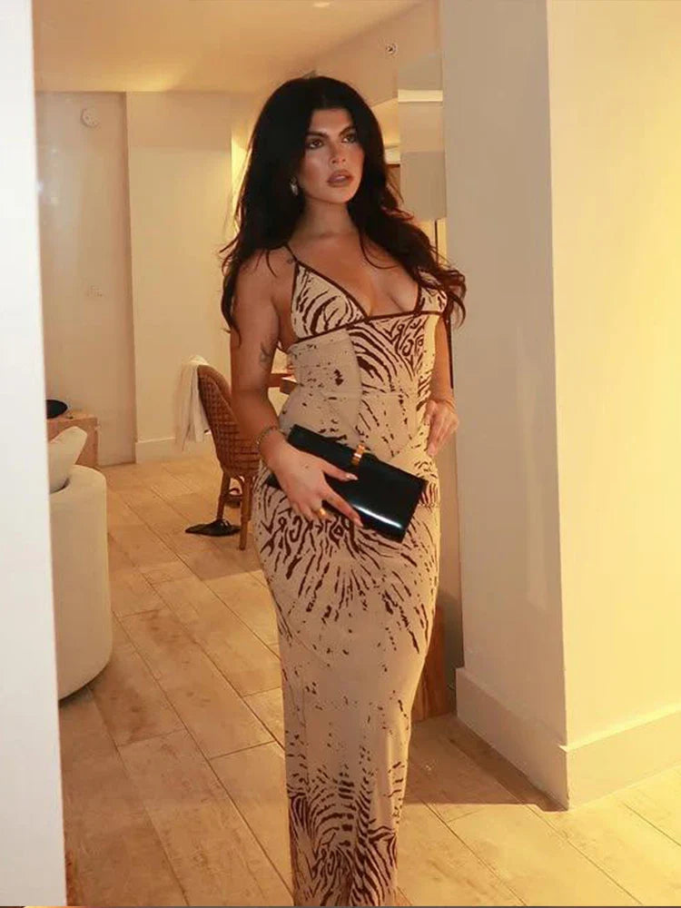 Weird Puss Tie-dye Print Dress for Women Sexy Low-Neck Sleeveless Backless Fit and Flare Vacation Beach Party Vintage Vestidos