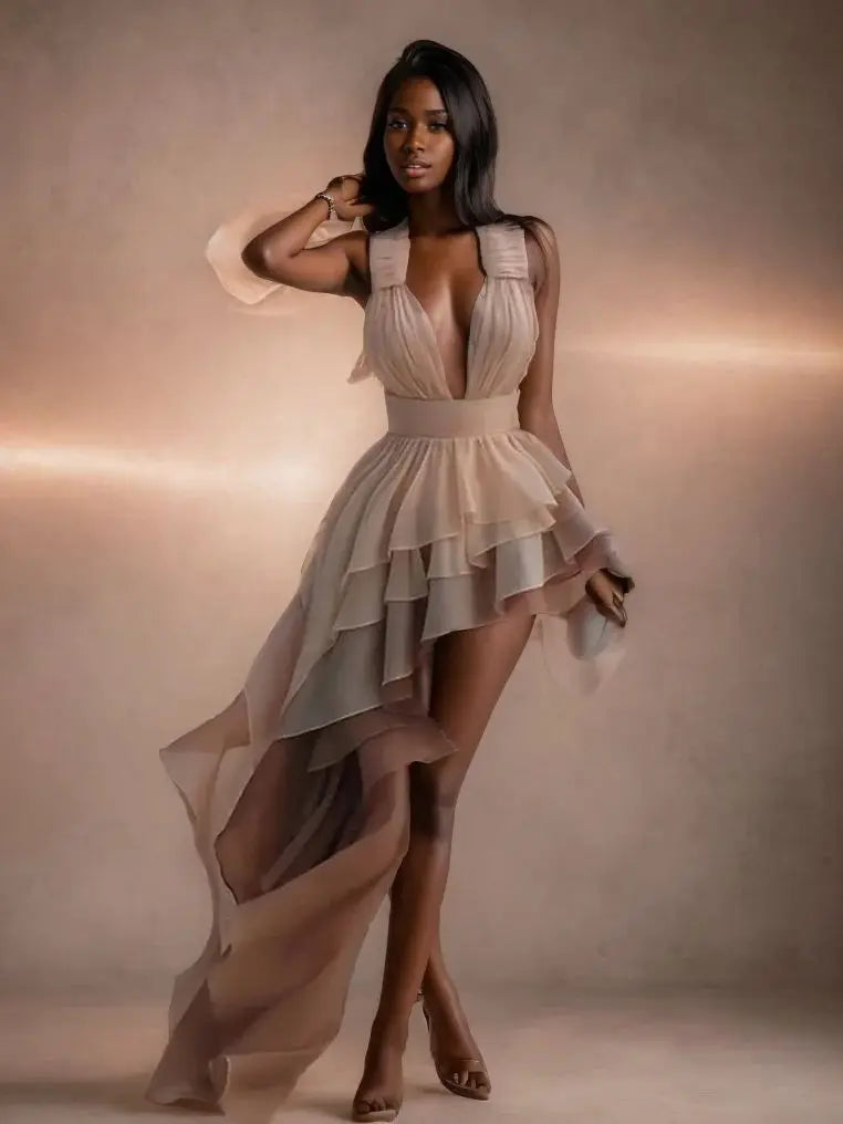 Women's Tiered Tassel Backless Halter Dress with Gradient Color Lace and Pleated Design for Beach Vacations and Party Looks