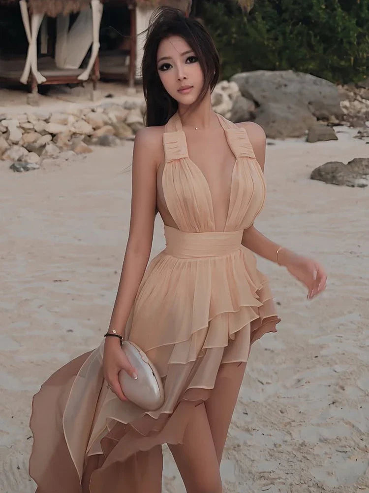 Women's Tiered Tassel Backless Halter Dress with Gradient Color Lace and Pleated Design for Beach Vacations and Party Looks