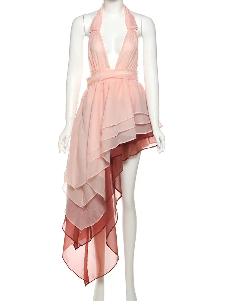 Women's Tiered Tassel Backless Halter Dress with Gradient Color Lace and Pleated Design for Beach Vacations and Party Looks