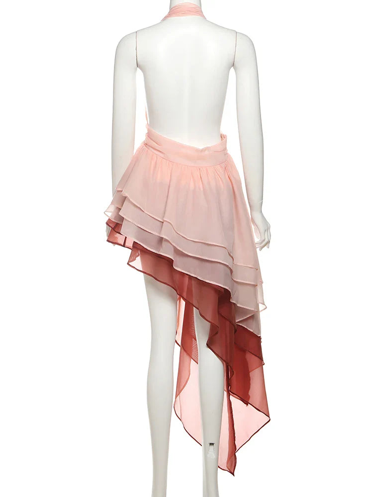 Women's Tiered Tassel Backless Halter Dress with Gradient Color Lace and Pleated Design for Beach Vacations and Party Looks