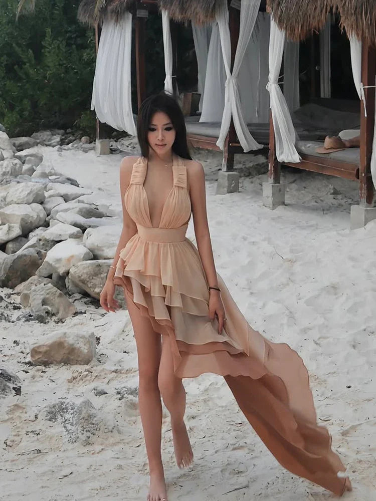 Women's Tiered Tassel Backless Halter Dress with Gradient Color Lace and Pleated Design for Beach Vacations and Party Looks