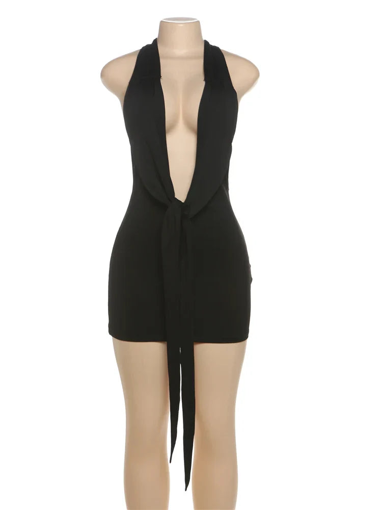 Seductive Backless Deep V-Neck Bandage Halter Dress for Women Slim Fit Summer Nightlife Trendy Clubwear