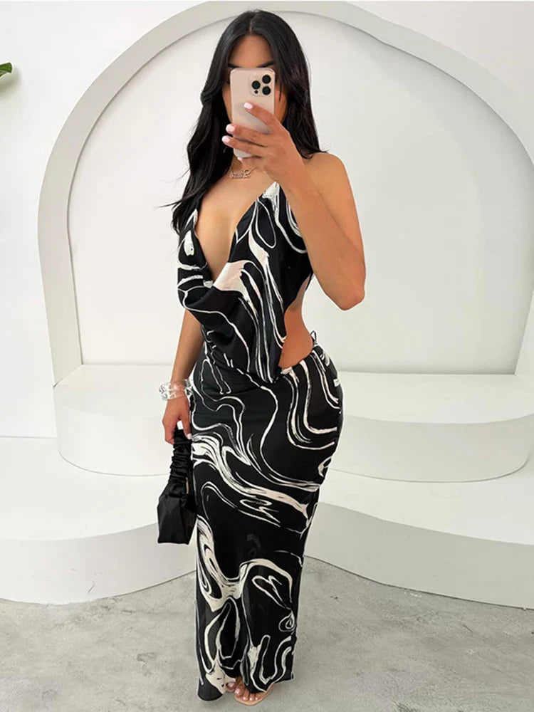 Weird Puss Sexy Swing Collar Women's Dress with Colorful Print Side Split Backless Slim Bodycon Coquette Y2K Style Midnight Clubwear