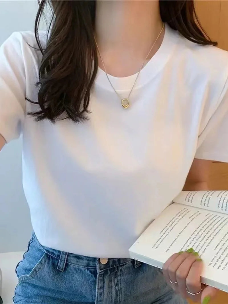 Solid Cotton Women's Short Sleeve T Shirt Loose Fit O Neck Basic Black White Thin Casual Tops Harajuku Style Outerwear Tee