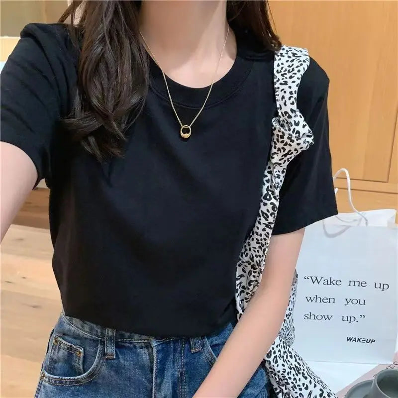Solid Cotton Women's Short Sleeve T Shirt Loose Fit O Neck Basic Black White Thin Casual Tops Harajuku Style Outerwear Tee