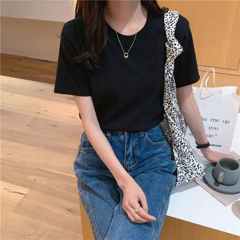 Solid Cotton Women's Short Sleeve T Shirt Loose Fit O Neck Basic Black White Thin Casual Tops Harajuku Style Outerwear Tee