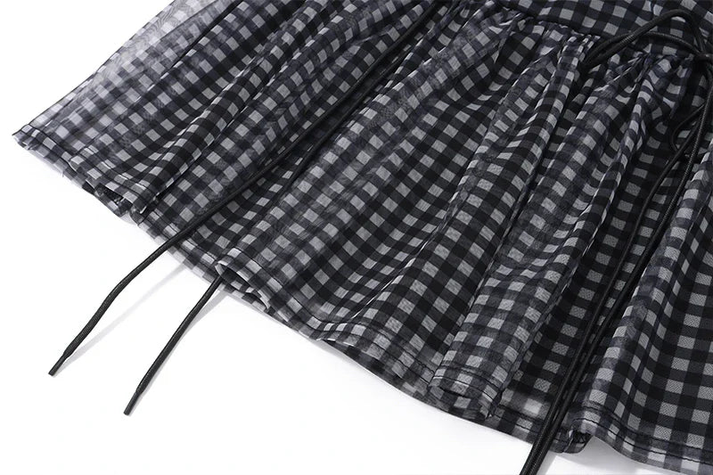 Sexy Mesh Perspective Two-Piece Summer Set with Sleeveless Backless Printed Crop Top and Pleated Mini Skirt for Women