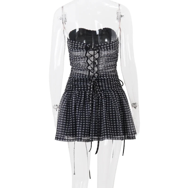 Sexy Mesh Perspective Two-Piece Summer Set with Sleeveless Backless Printed Crop Top and Pleated Mini Skirt for Women