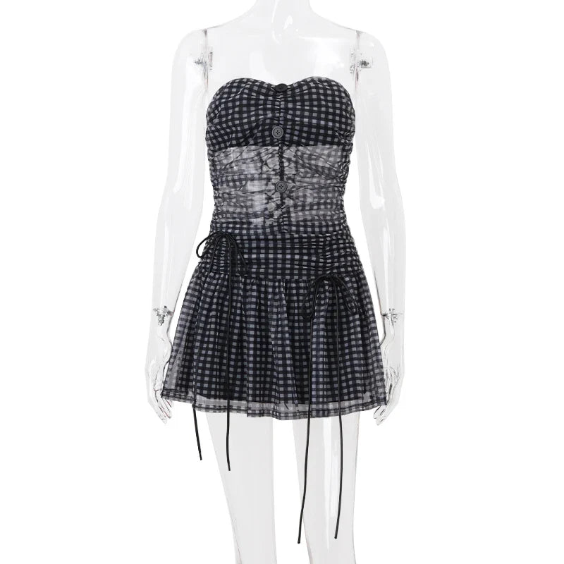 Sexy Mesh Perspective Two-Piece Summer Set with Sleeveless Backless Printed Crop Top and Pleated Mini Skirt for Women