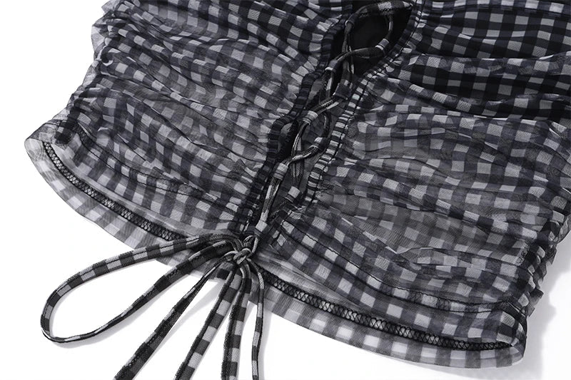 Sexy Mesh Perspective Two-Piece Summer Set with Sleeveless Backless Printed Crop Top and Pleated Mini Skirt for Women