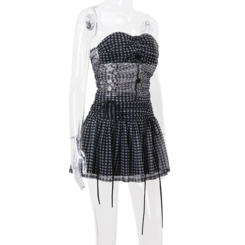Sexy Mesh Perspective Two-Piece Summer Set with Sleeveless Backless Printed Crop Top and Pleated Mini Skirt for Women