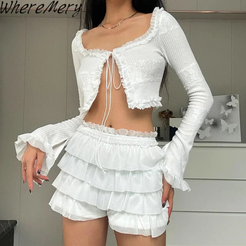 Sexy Y2K Ruffle Tiered Mini Skirt and Tie Front Top Two Piece Matching Set for Elegant Stylish Outfits