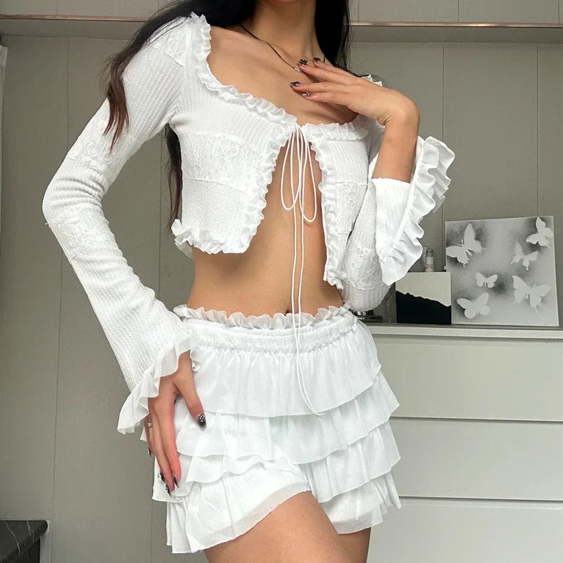 Sexy Y2K Ruffle Tiered Mini Skirt and Tie Front Top Two Piece Matching Set for Elegant Stylish Outfits