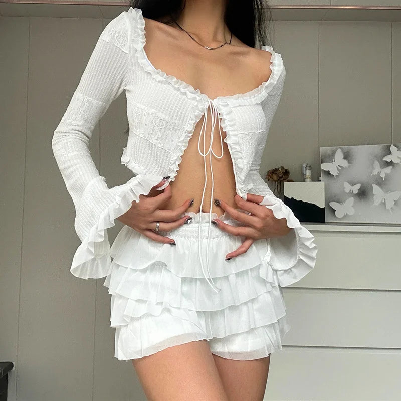 Sexy Y2K Ruffle Tiered Mini Skirt and Tie Front Top Two Piece Matching Set for Elegant Stylish Outfits