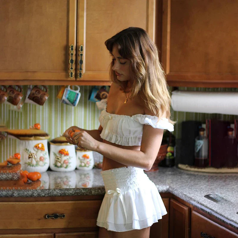 Sexy Two Piece Set Women Casual Fluffy Crop Top with Low Waist Slim Fit Mini Skirt Summer Streetwear Y2K Inspired Fashion