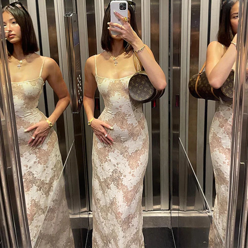 Elegant Printed Sleeveless Backless Spaghetti Strap Summer Party Dress for Women