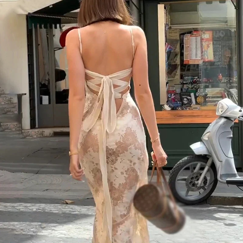 Elegant Printed Sleeveless Backless Spaghetti Strap Summer Party Dress for Women