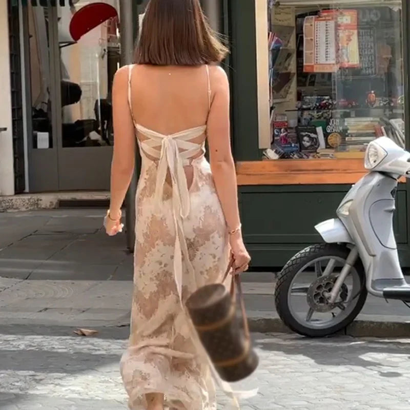Elegant Printed Sleeveless Backless Spaghetti Strap Summer Party Dress for Women