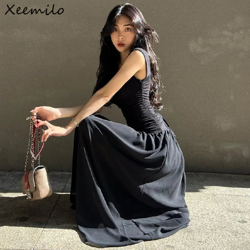 Elegant Slip Long Dress for Women with Ruched Bodycon Fit and Solid Maxi Design Perfect for Spring and Summer High-Waist Vestidos for a Chic and Temperament Look