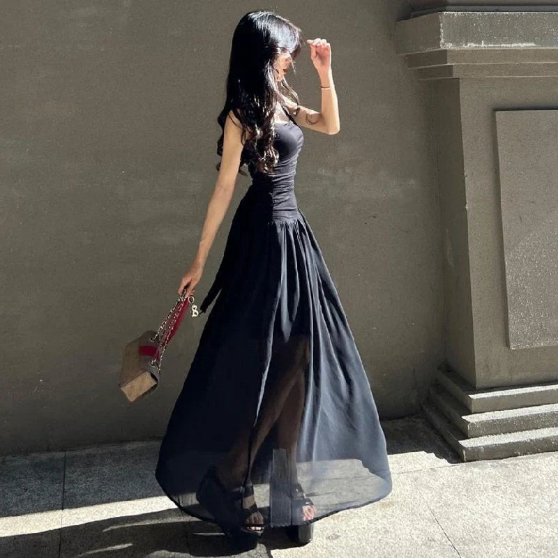 Elegant Slip Long Dress for Women with Ruched Bodycon Fit and Solid Maxi Design Perfect for Spring and Summer High-Waist Vestidos for a Chic and Temperament Look