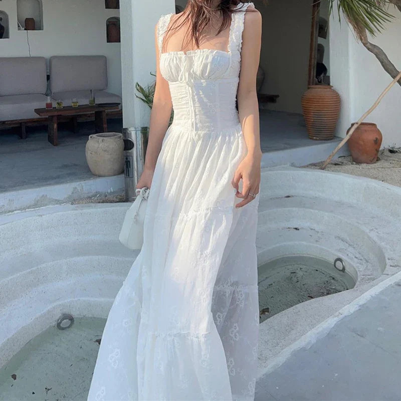 Seductive Backless Maxi Dress with Hollow Out Mesh and Ruched Halter Design Elegant Women's Summer Gown for Special Occasions