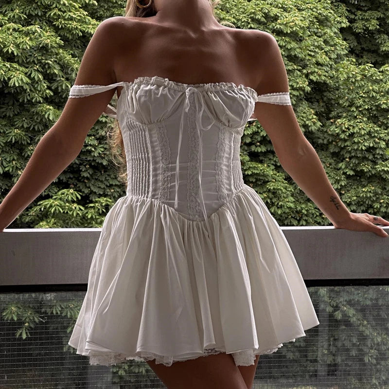 Elegant Women's Aesthetic Pleated Mini Dress with Square Neck and Lace-Up Off-Shoulder Design for Spring Parties