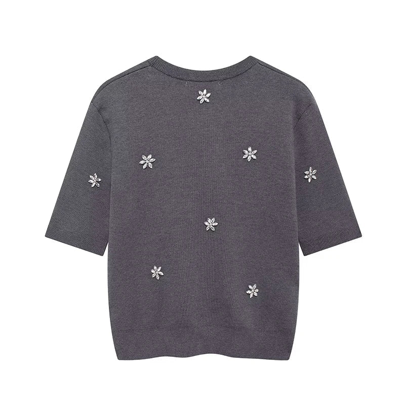 Women's Chic Two-Piece Set Featuring Pearl-Embellished Grey Sweater and Vintage Elastic Waist Mini Skirt