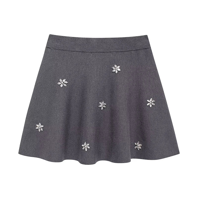 Women's Chic Two-Piece Set Featuring Pearl-Embellished Grey Sweater and Vintage Elastic Waist Mini Skirt