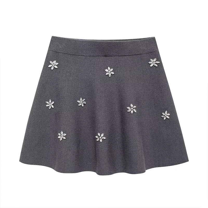 Women's Chic Two-Piece Set Featuring Pearl-Embellished Grey Sweater and Vintage Elastic Waist Mini Skirt