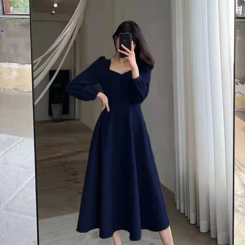 Elegant Long Puff Sleeve Solid Dress for Women with High Waist Fit Perfect for Wedding Guests Evening Parties and Special Occasions