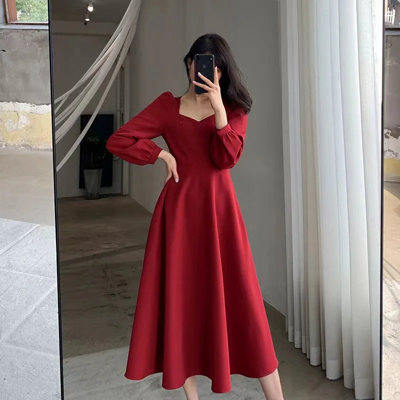 Elegant Long Puff Sleeve Solid Dress for Women with High Waist Fit Perfect for Wedding Guests Evening Parties and Special Occasions
