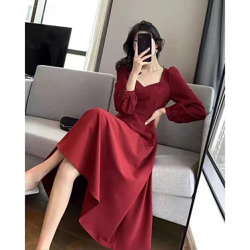 Elegant Long Puff Sleeve Solid Dress for Women with High Waist Fit Perfect for Wedding Guests Evening Parties and Special Occasions
