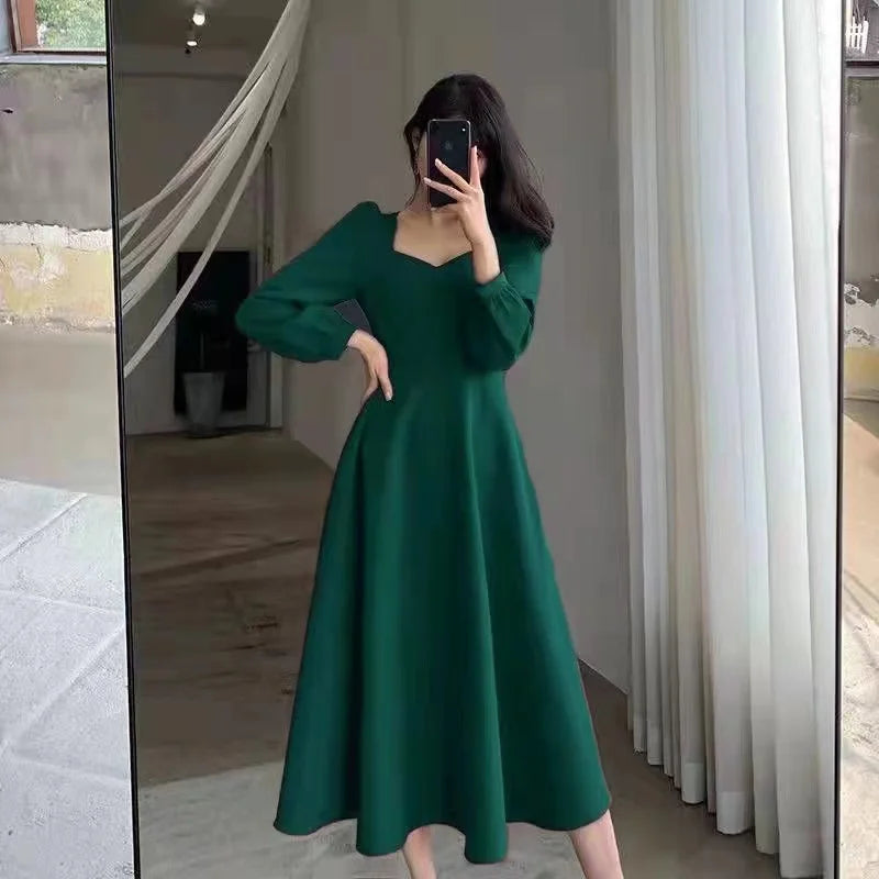 Elegant Long Puff Sleeve Solid Dress for Women with High Waist Fit Perfect for Wedding Guests Evening Parties and Special Occasions