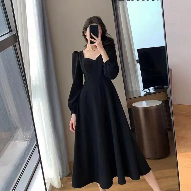 Elegant Long Puff Sleeve Solid Dress for Women with High Waist Fit Perfect for Wedding Guests Evening Parties and Special Occasions