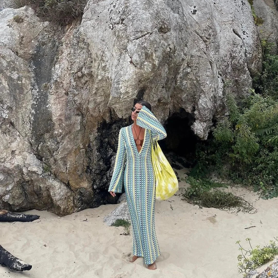 Crochet Colorful Stripe Maxi Dress for Women with Flare Sleeves Deep V-Neck High Split Sexy Long Dress for Autumn Beach Parties and Elegant Occasions