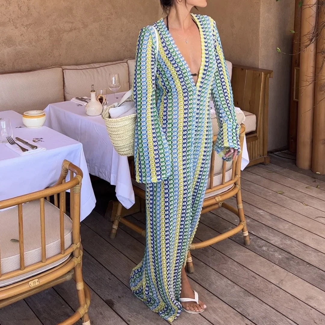 Crochet Colorful Stripe Maxi Dress for Women with Flare Sleeves Deep V-Neck High Split Sexy Long Dress for Autumn Beach Parties and Elegant Occasions