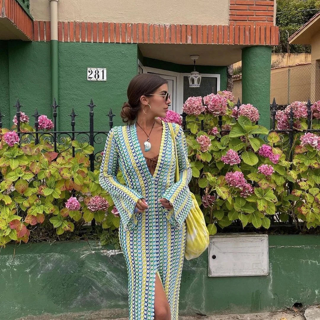 Crochet Colorful Stripe Maxi Dress for Women with Flare Sleeves Deep V-Neck High Split Sexy Long Dress for Autumn Beach Parties and Elegant Occasions