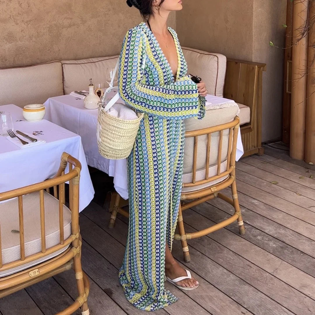 Crochet Colorful Stripe Maxi Dress for Women with Flare Sleeves Deep V-Neck High Split Sexy Long Dress for Autumn Beach Parties and Elegant Occasions
