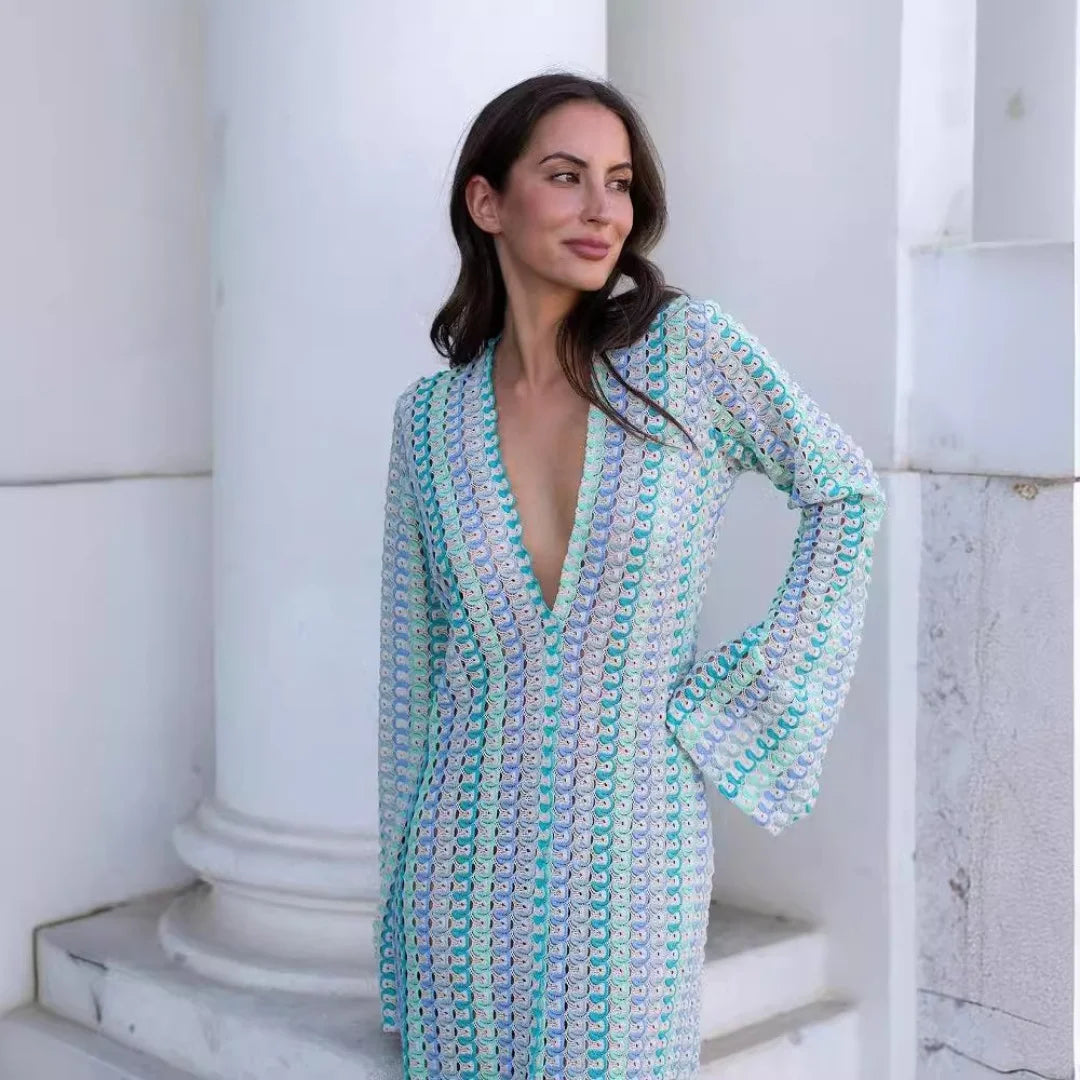 Crochet Colorful Stripe Maxi Dress for Women with Flare Sleeves Deep V-Neck High Split Sexy Long Dress for Autumn Beach Parties and Elegant Occasions