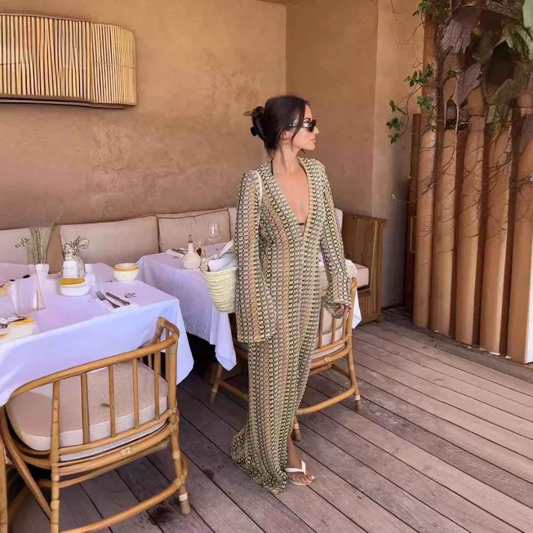 Crochet Colorful Stripe Maxi Dress for Women with Flare Sleeves Deep V-Neck High Split Sexy Long Dress for Autumn Beach Parties and Elegant Occasions